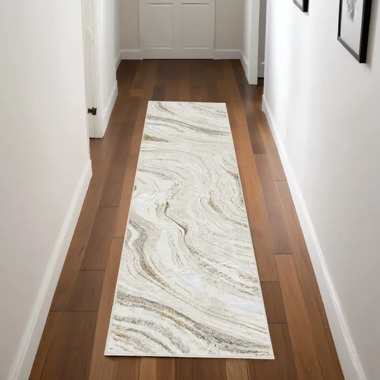 8' Ivory Gold and Gray Abstract Non Skid Runner Rug