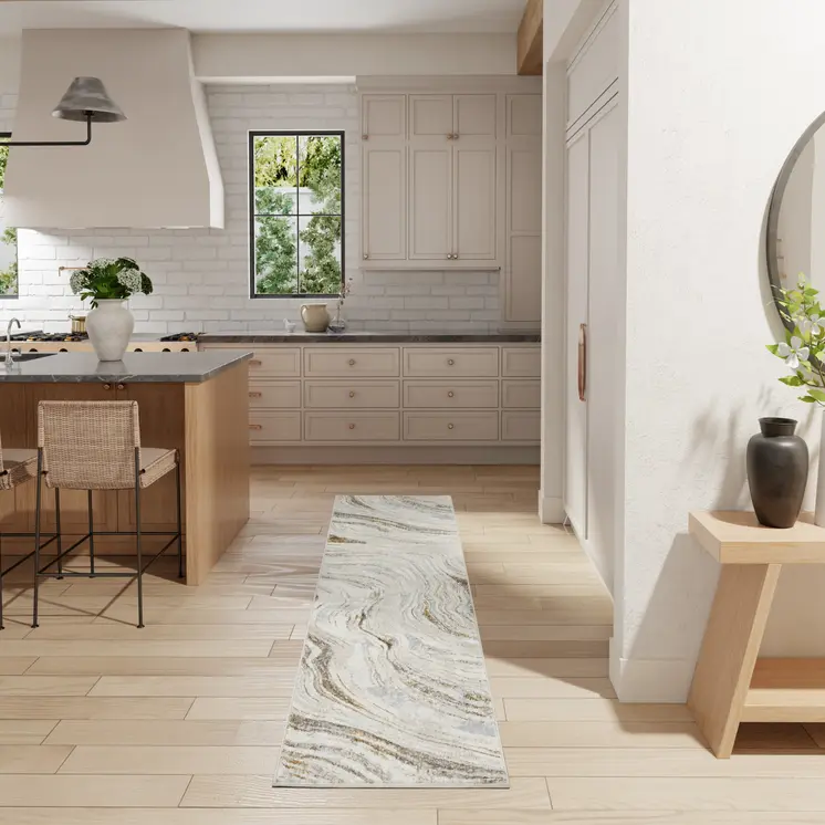 8' Ivory Gold and Gray Abstract Non Skid Runner Rug