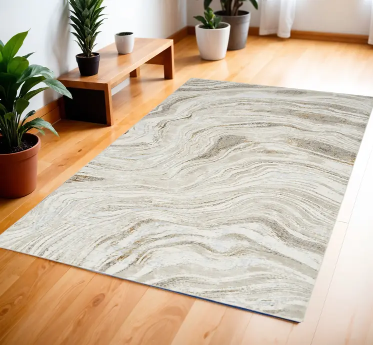 4' X 6' Ivory Gold and Gray Abstract Non Skid Area Rug