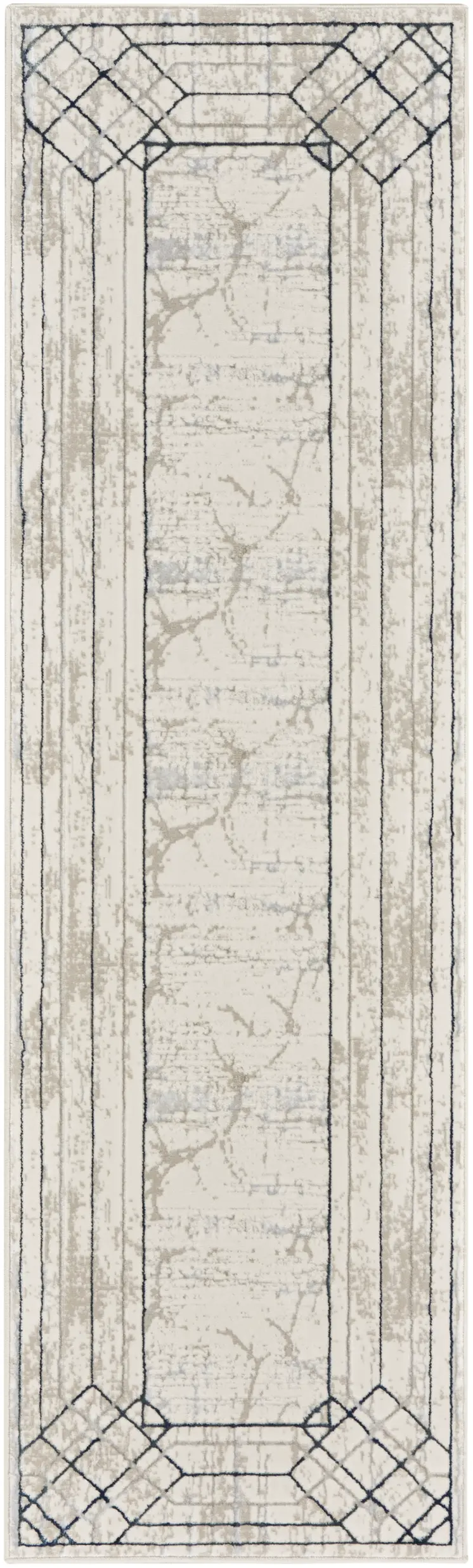 8' Ivory Black and Taupe Geometric Non Skid Runner Rug