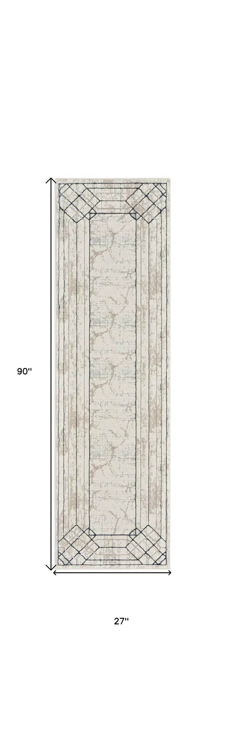 8' Ivory Black and Taupe Geometric Non Skid Runner Rug