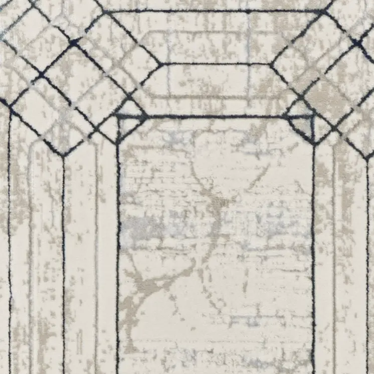 8' Ivory Black and Taupe Geometric Non Skid Runner Rug