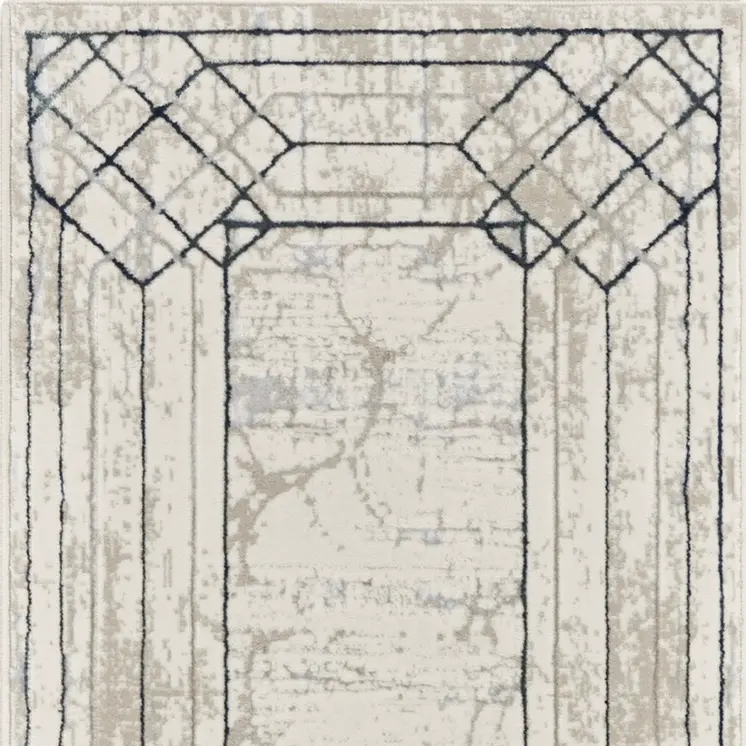 8' Ivory Black and Taupe Geometric Non Skid Runner Rug