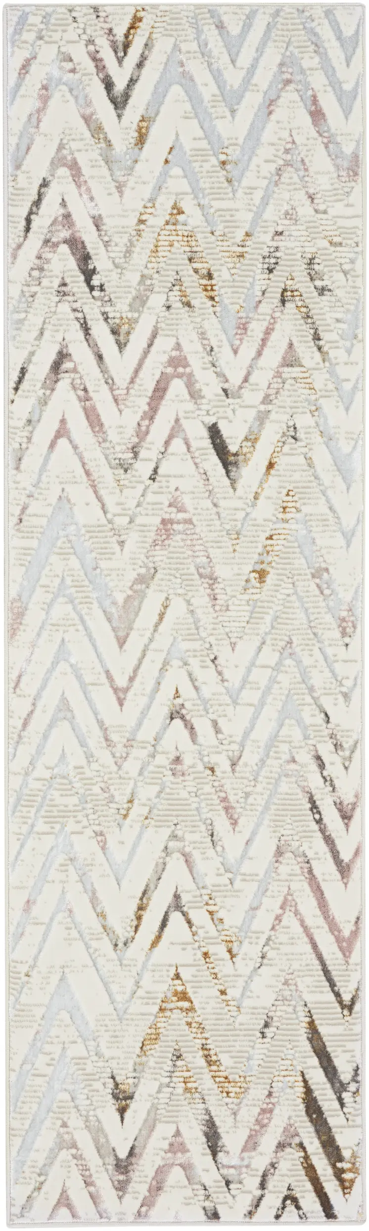 8' Ivory Black and Gray Chevron Distressed Non Skid Runner Rug