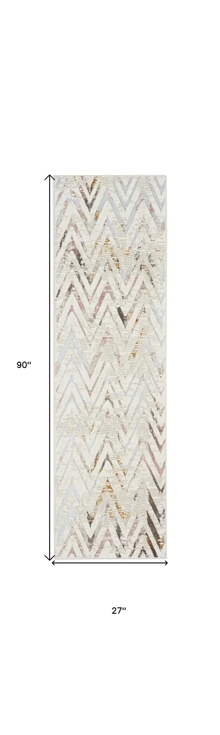 8' Ivory Black and Gray Chevron Distressed Non Skid Runner Rug