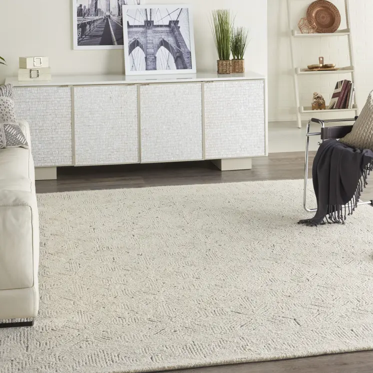 8' X 12' Navy Blue and Ivory Wool Abstract Area Rug
