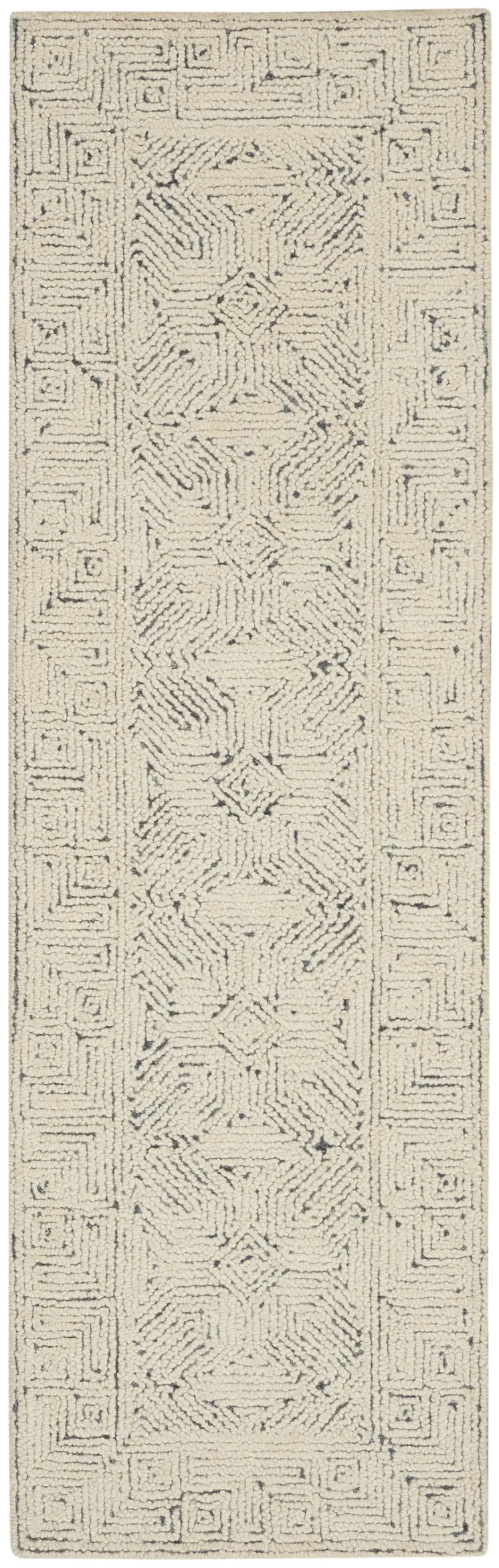 8' Navy Blue and Ivory Wool Abstract Runner Rug