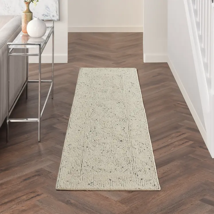 8' Navy Blue and Ivory Wool Abstract Runner Rug