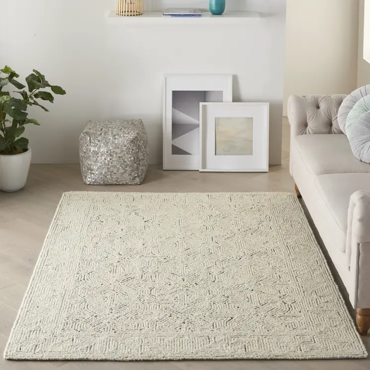5' X 7' Navy Blue and Ivory Wool Abstract Area Rug