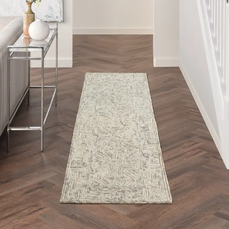 8' Beige and Gray Wool Abstract Geometric Runner Rug