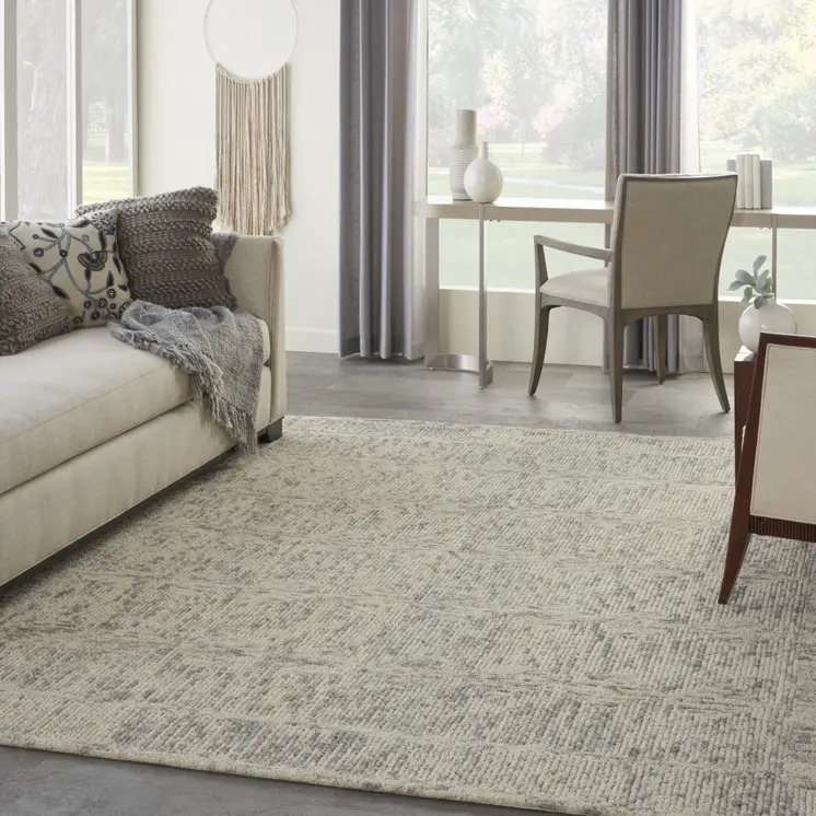 8' X 10' Ivory and Gray Wool Geometric Area Rug