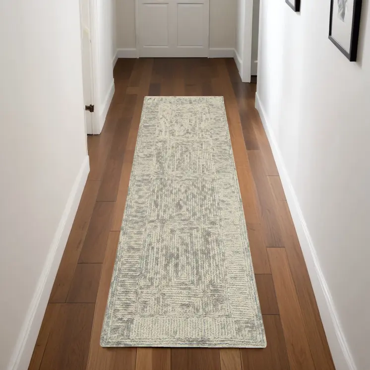 8' Ivory and Gray Wool Geometric Runner Rug
