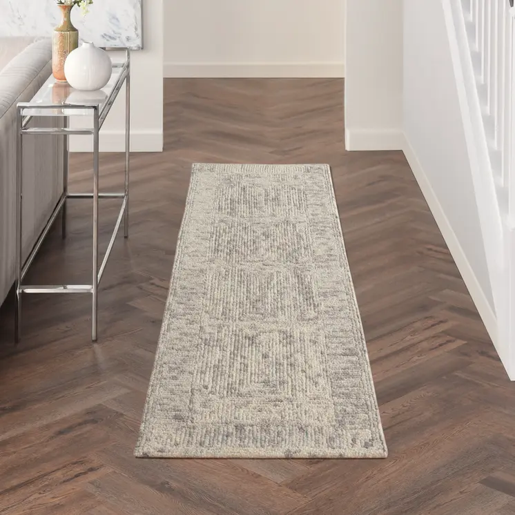 8' Ivory and Gray Wool Geometric Runner Rug