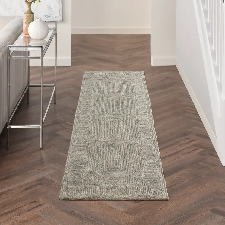 8' Gray Wool Geometric Runner Rug