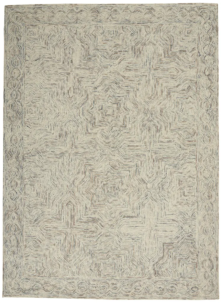 5' X 8' Ivory and Blue Wool Geometric Area Rug