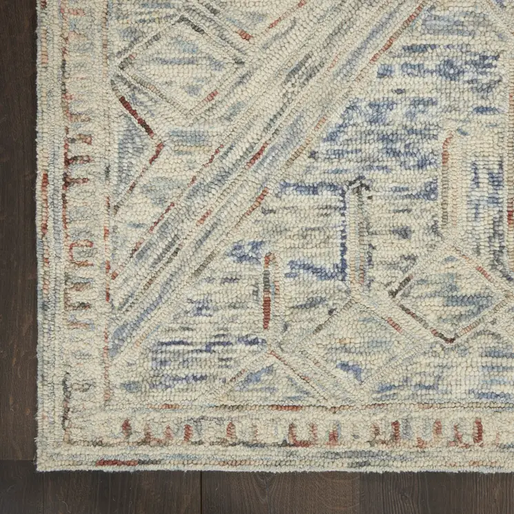 5' X 8' Tan and Blue Wool Geometric Area Rug