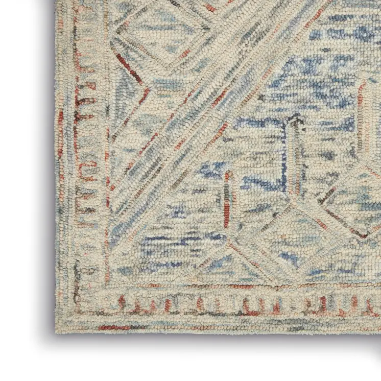 5' X 8' Tan and Blue Wool Geometric Area Rug