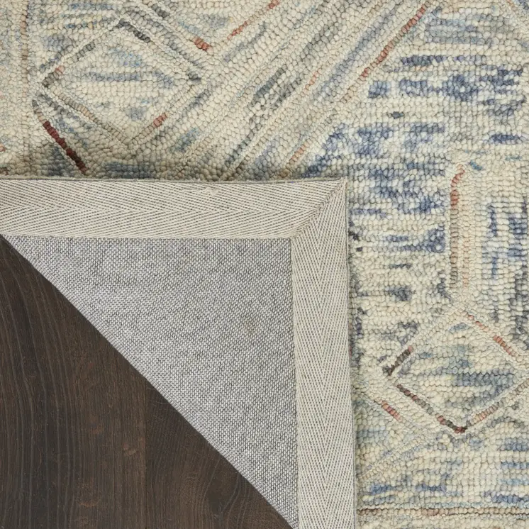 5' X 8' Tan and Blue Wool Geometric Area Rug