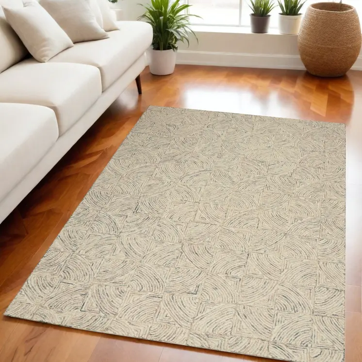5' X 8' Ivory Tan and Gray Wool Geometric Area Rug
