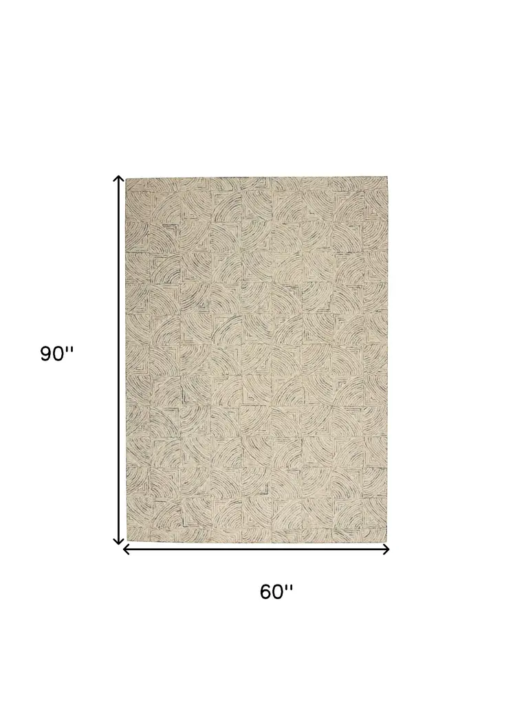5' X 8' Ivory Tan and Gray Wool Geometric Area Rug