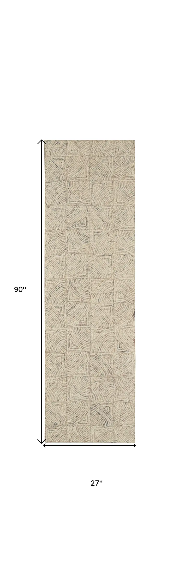 8' Ivory Tan and Gray Wool Geometric Runner Rug