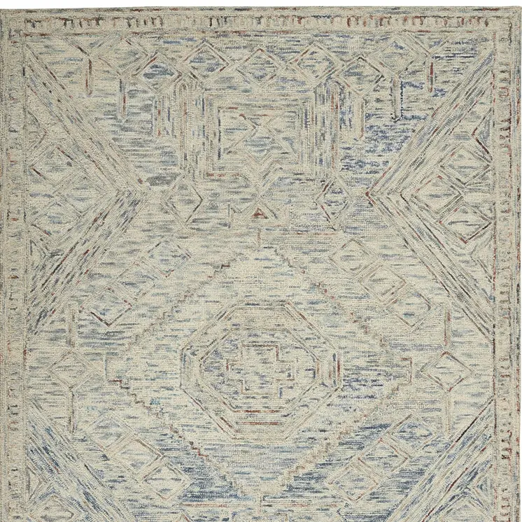 4' X 6' Tan and Blue Wool Geometric Area Rug