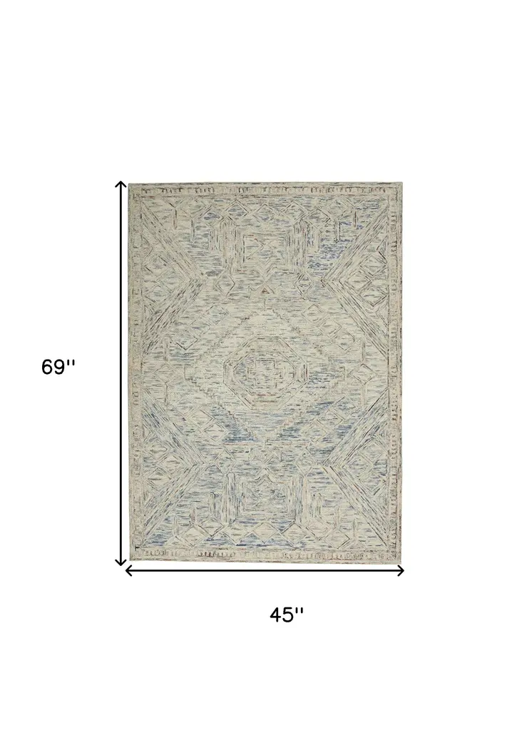 4' X 6' Tan and Blue Wool Geometric Area Rug