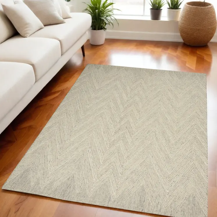 5' X 8' Ivory and Gray Wool Chevron Area Rug