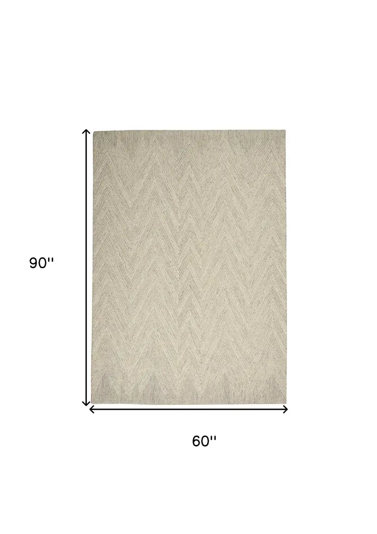5' X 8' Ivory and Gray Wool Chevron Area Rug
