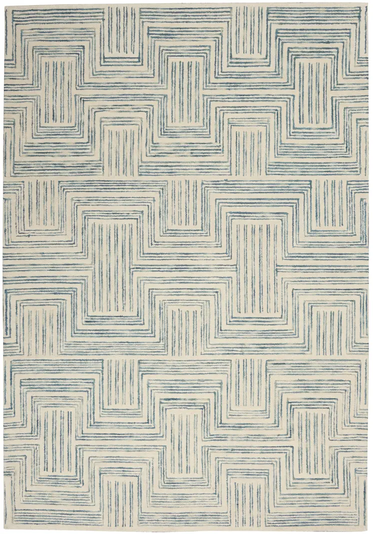 5' X 8' Ivory And Turquoise Wool Geometric Area Rug