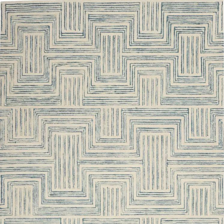 5' X 8' Ivory And Turquoise Wool Geometric Area Rug