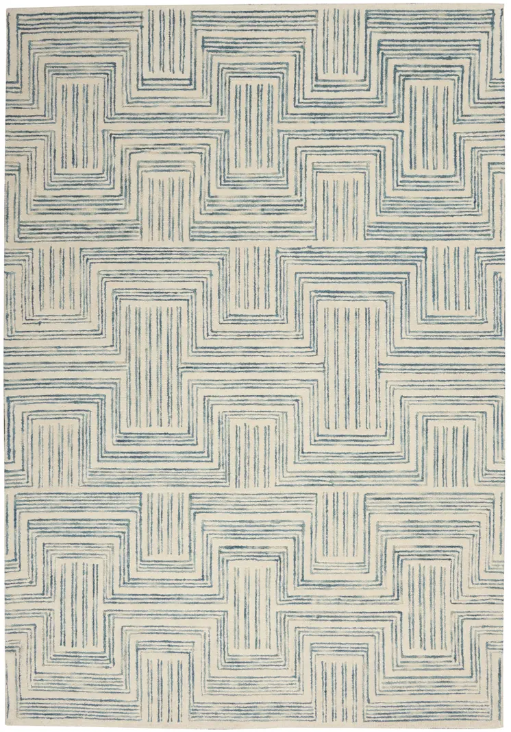 5' X 8' Ivory And Turquoise Wool Geometric Area Rug
