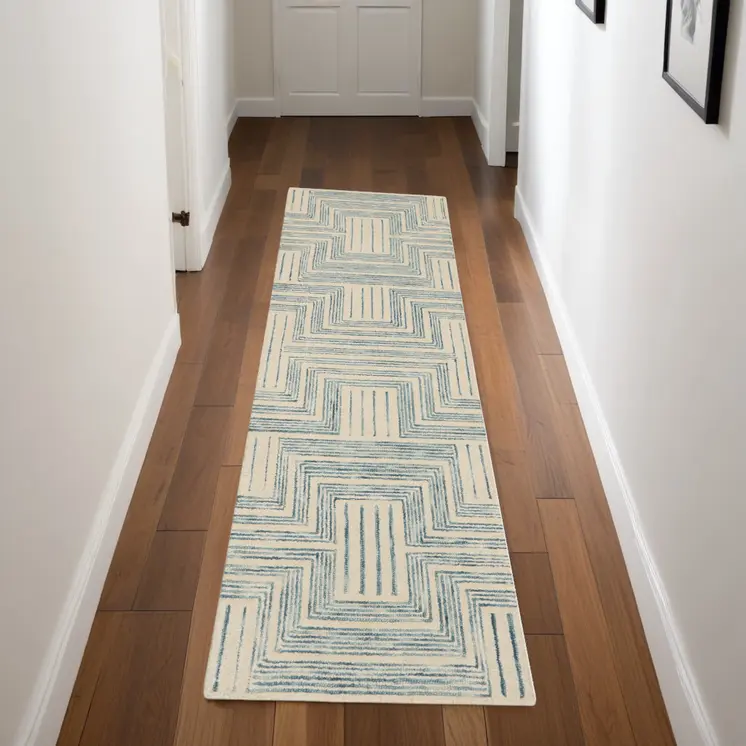 8' Ivory and Turquoise Wool Geometric Runner Rug