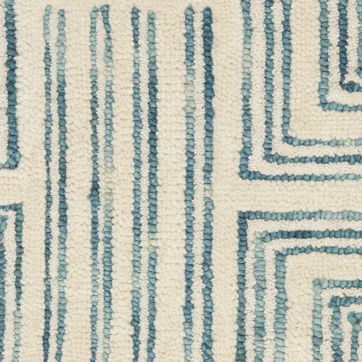 8' Ivory and Turquoise Wool Geometric Runner Rug