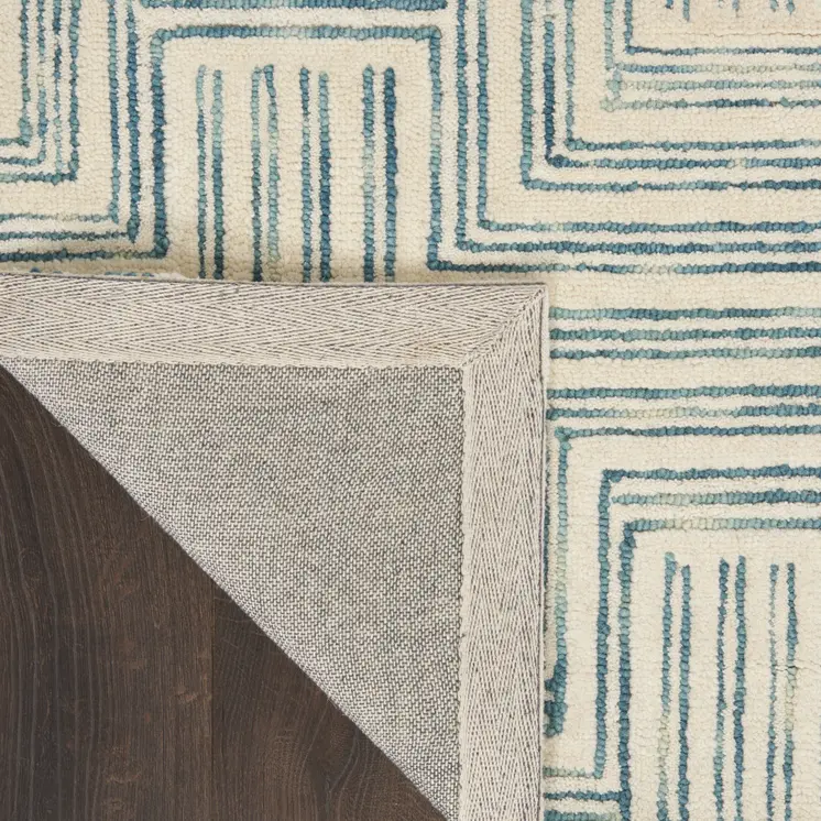 8' Ivory and Turquoise Wool Geometric Runner Rug