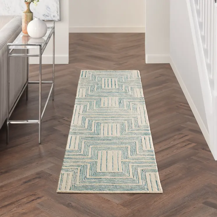 8' Ivory and Turquoise Wool Geometric Runner Rug