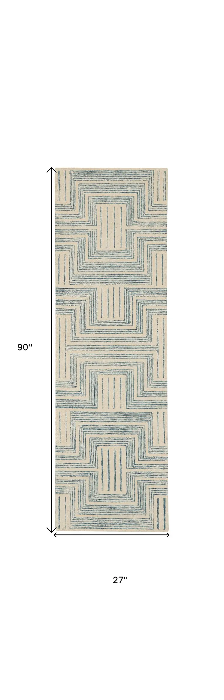 8' Ivory and Turquoise Wool Geometric Runner Rug