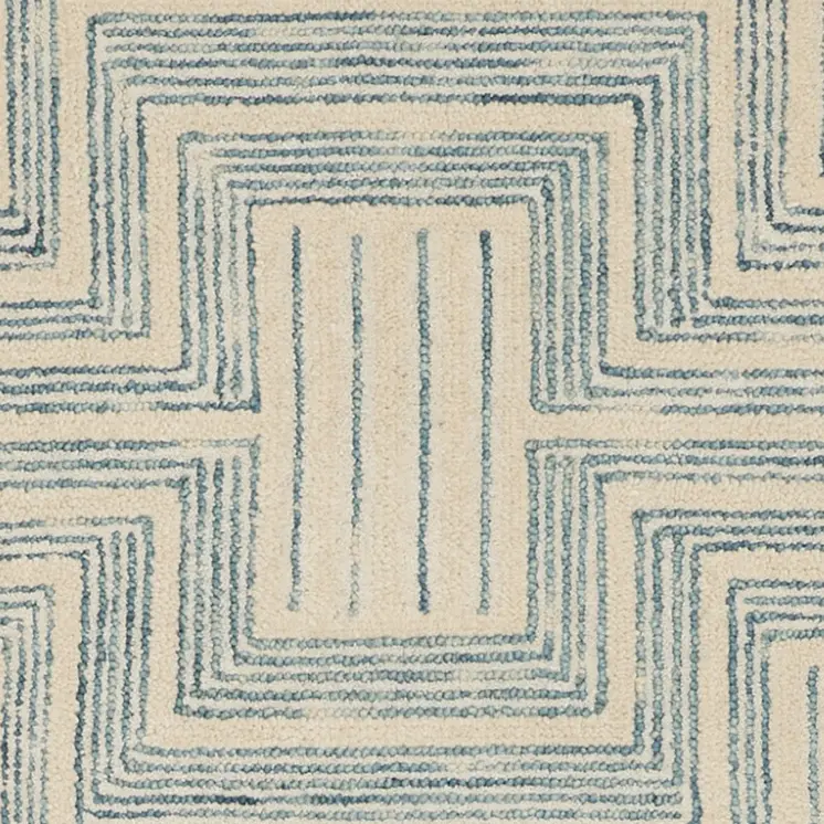 8' Ivory and Turquoise Wool Geometric Runner Rug