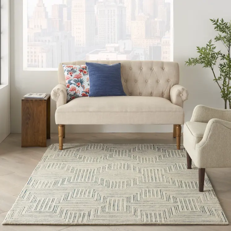 4' X 6' Ivory And Turquoise Wool Geometric Area Rug