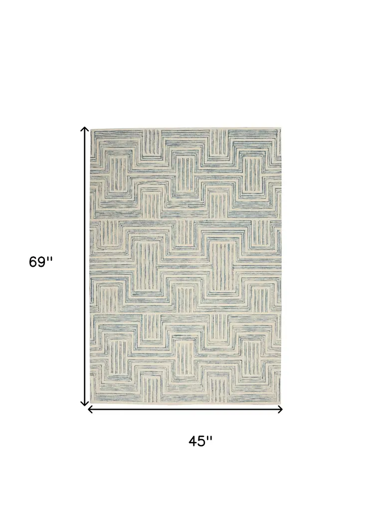 4' X 6' Ivory And Turquoise Wool Geometric Area Rug
