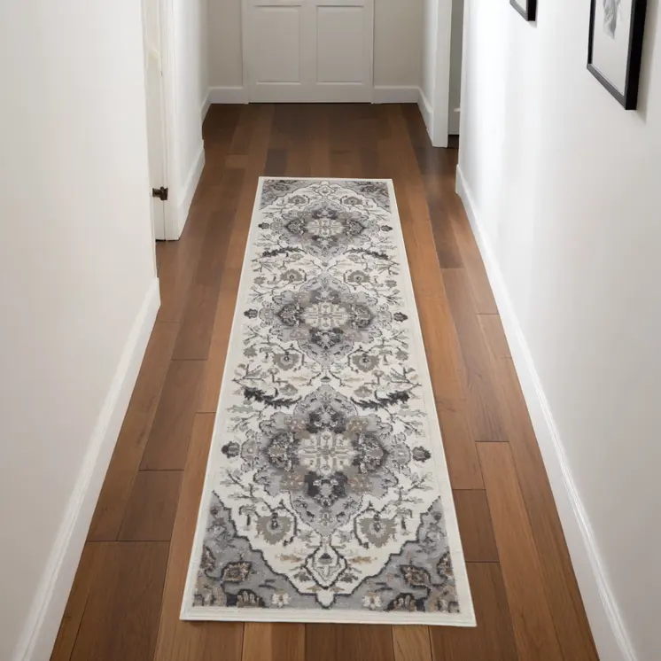 8' Ivory Black and Gray Floral Medallion Non Skid Runner Rug