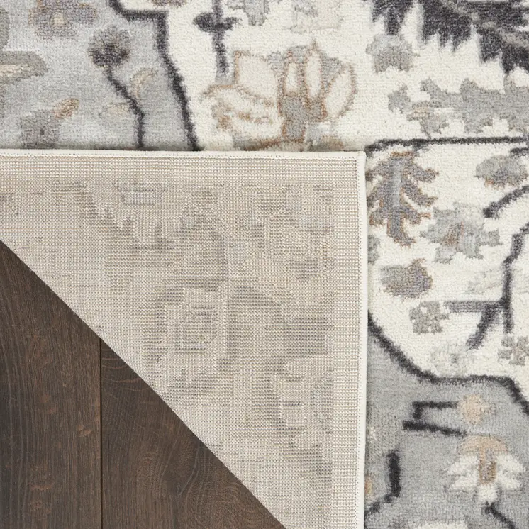 8' Ivory Black and Gray Floral Medallion Non Skid Runner Rug