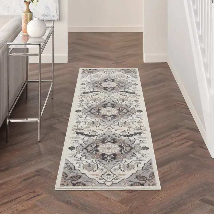 8' Ivory Black and Gray Floral Medallion Non Skid Runner Rug