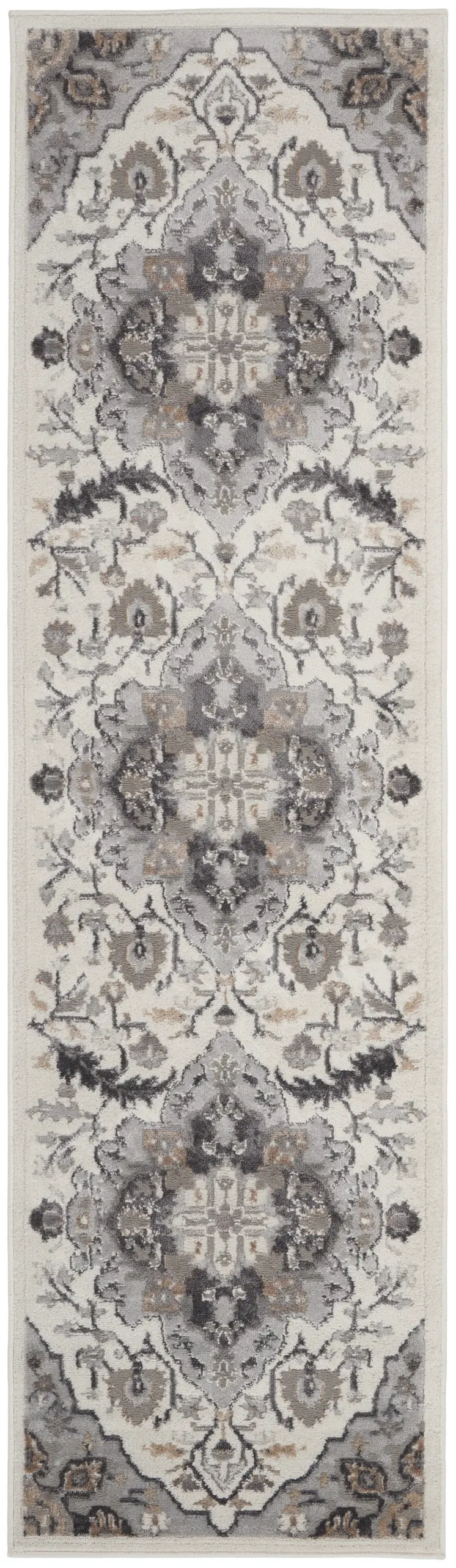 8' Ivory Black and Gray Floral Medallion Non Skid Runner Rug