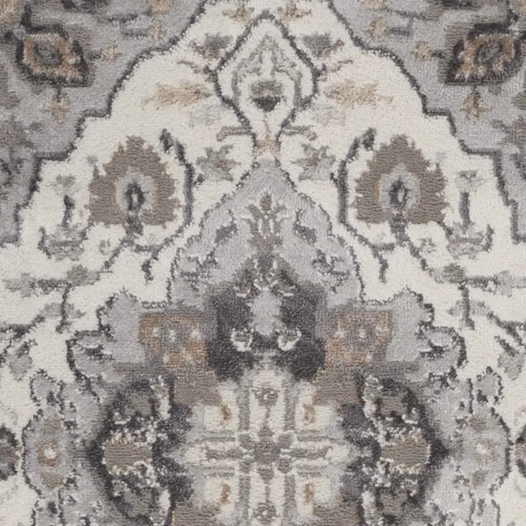 8' Ivory Black and Gray Floral Medallion Non Skid Runner Rug