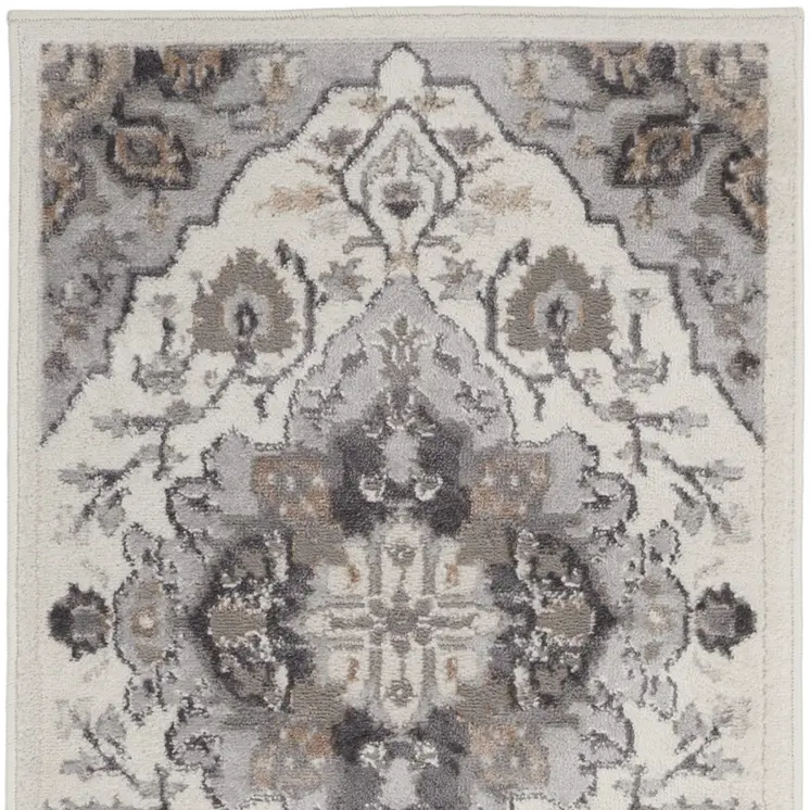 8' Ivory Black and Gray Floral Medallion Non Skid Runner Rug