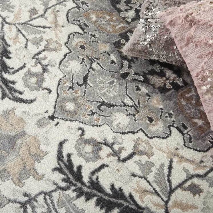 4' X 6' Ivory Black and Gray Floral Medallion Non Skid Area Rug