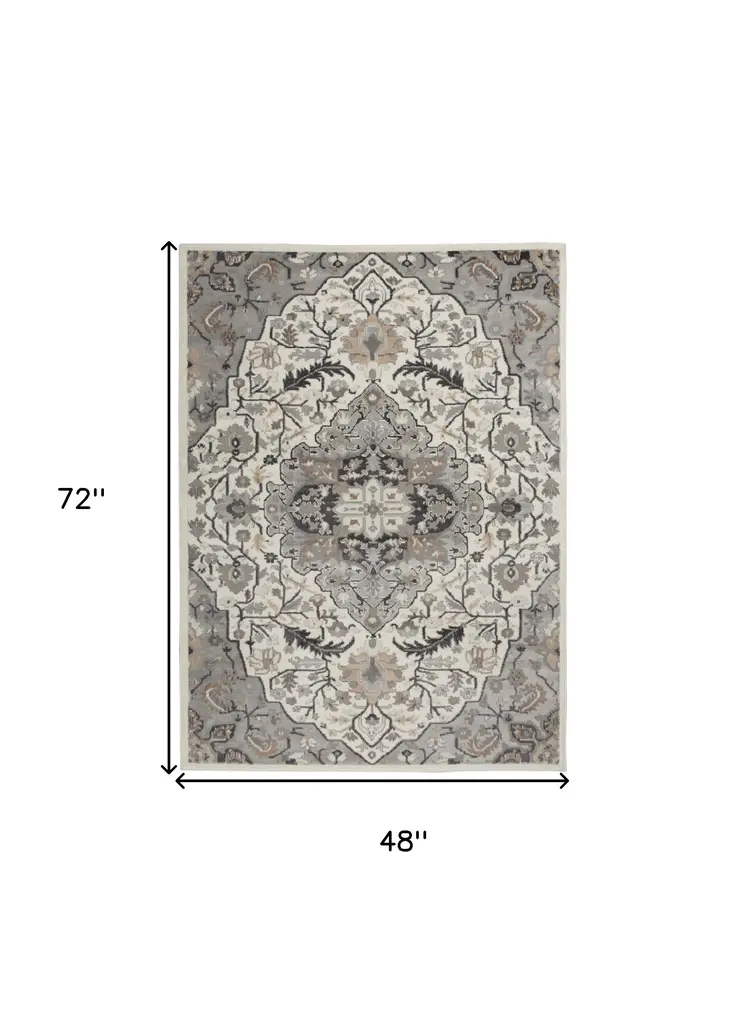 4' X 6' Ivory Black and Gray Floral Medallion Non Skid Area Rug