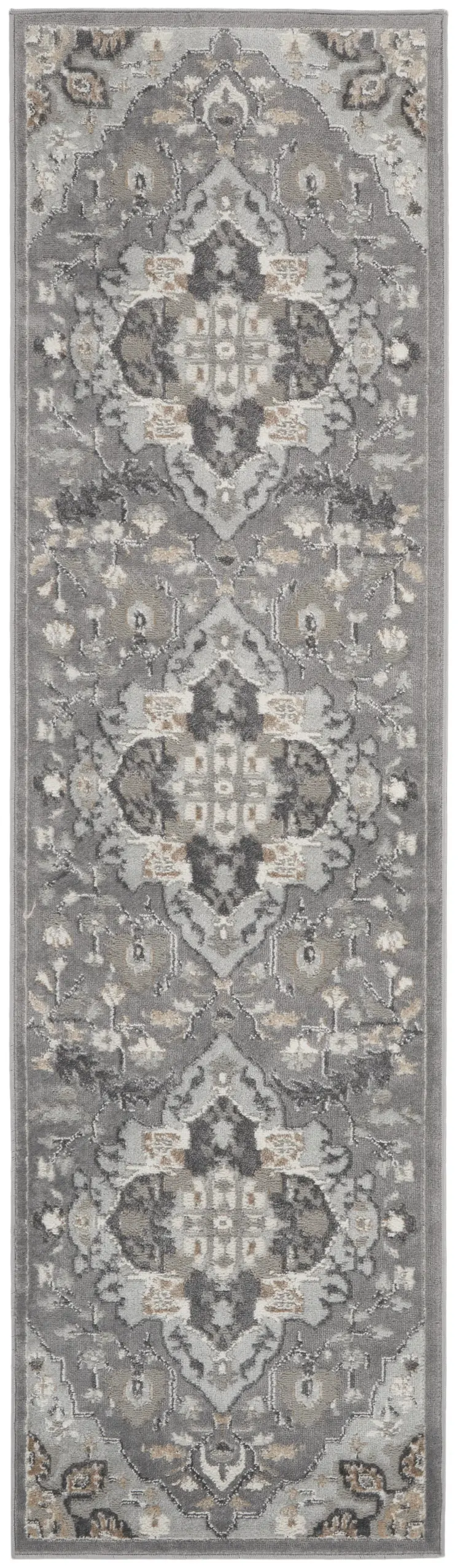 8' Ivory Black and Gray Floral Medallion Non Skid Runner Rug
