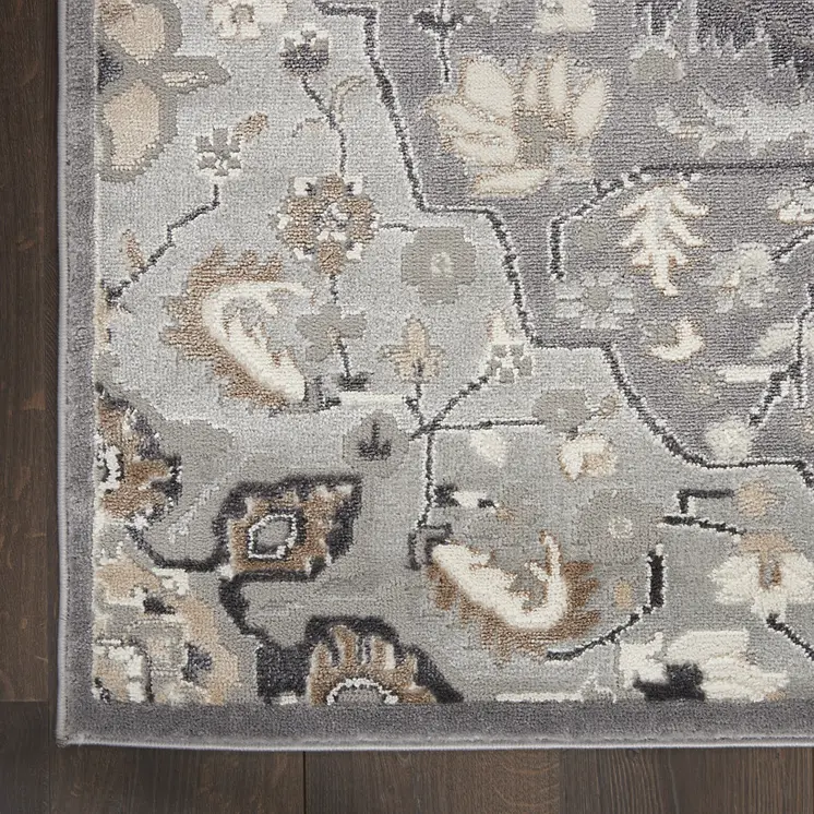 8' Ivory Black and Gray Floral Medallion Non Skid Runner Rug
